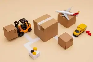 Miniature forklift, airplane, and delivery truck transporting cardboard boxes along a connected white path, illustrating the concept of what is logistic service.