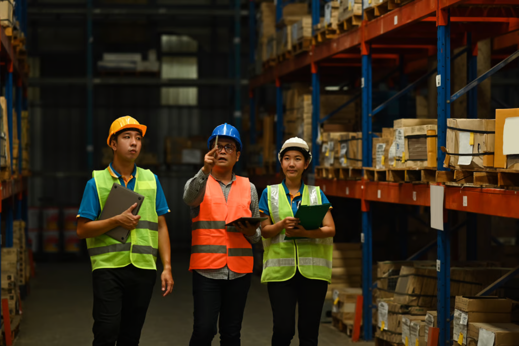 three warehouse staff working
