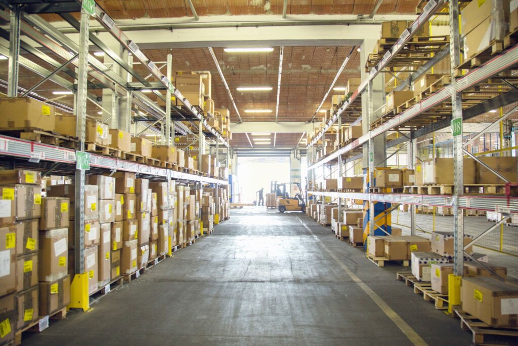 Aisle view of warehouse interior