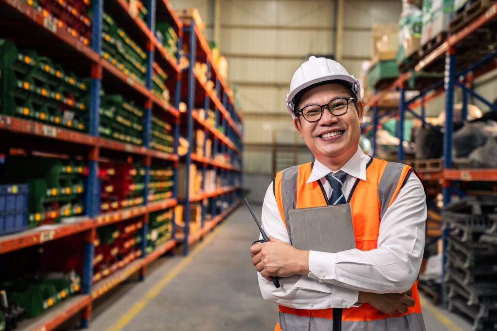 logistic warehouse worker smilling